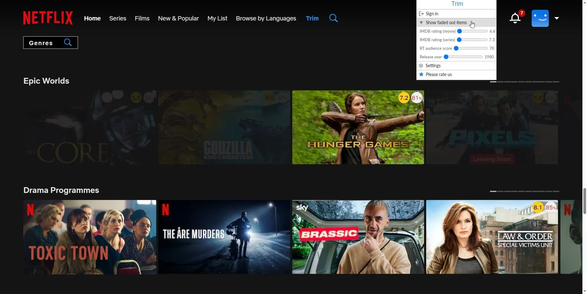 Các tùy chọn phim có đánh giá thấp bị làm mờ trên Netflix nhờ tính năng lọc của tiện ích Trim.