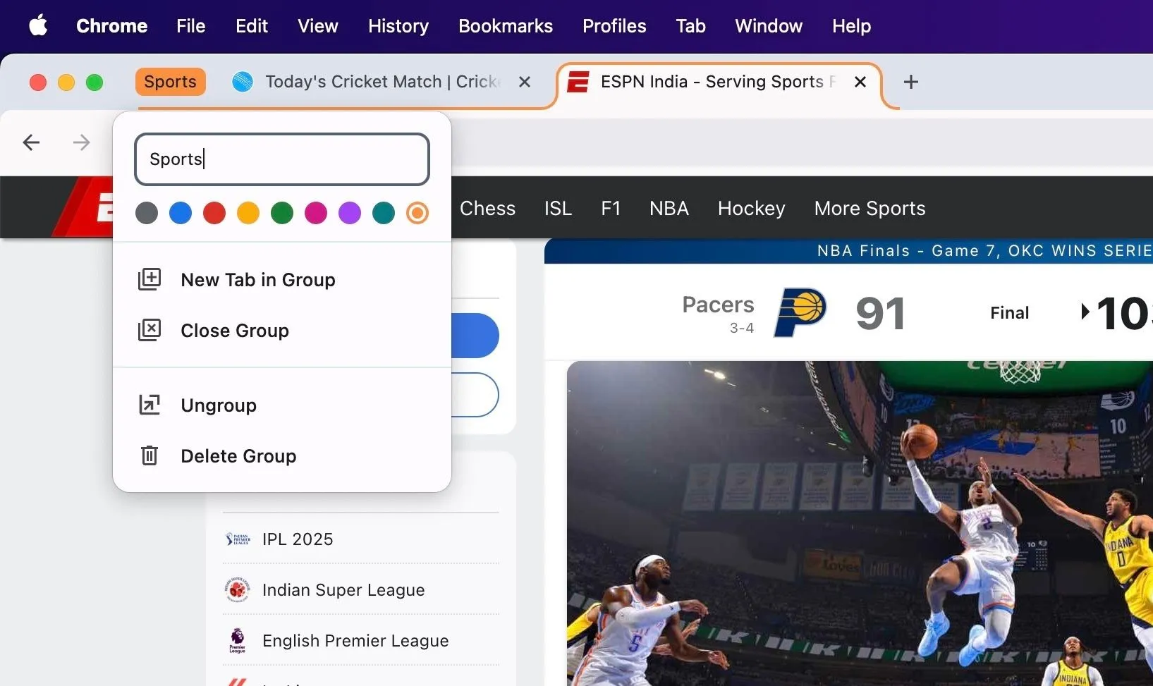 Các tùy chọn quản lý nhóm tab Chrome trên Mac, bao gồm đóng, bỏ nhóm và xóa