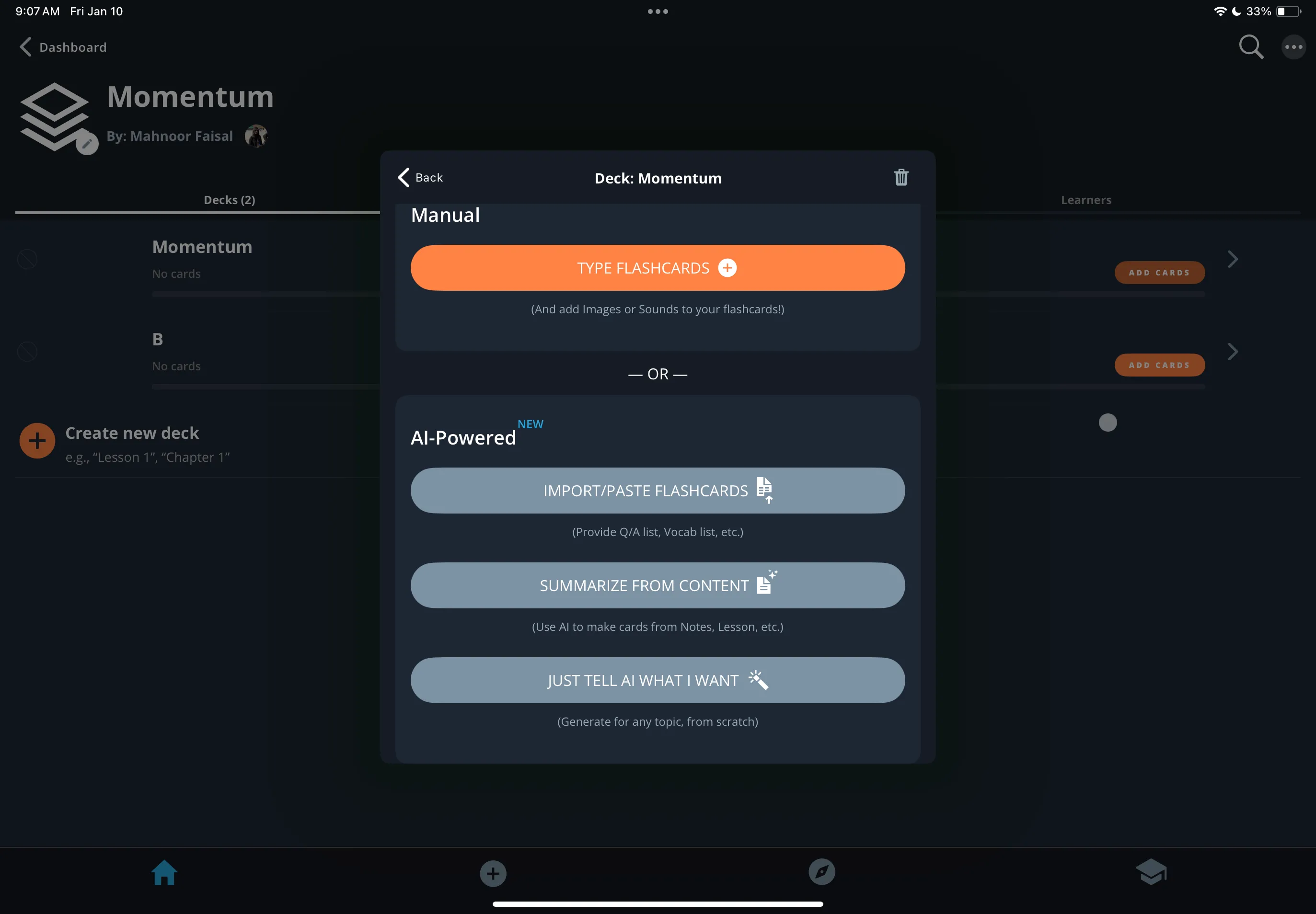 Các tùy chọn tạo flashcard bằng AI của Brainscape: Import/Paste, Summarize From Content và Just Tell AI What I Want