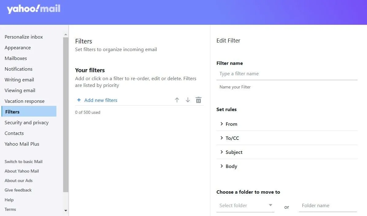 Các tùy chọn thiết lập bộ lọc email trong Yahoo Mail
