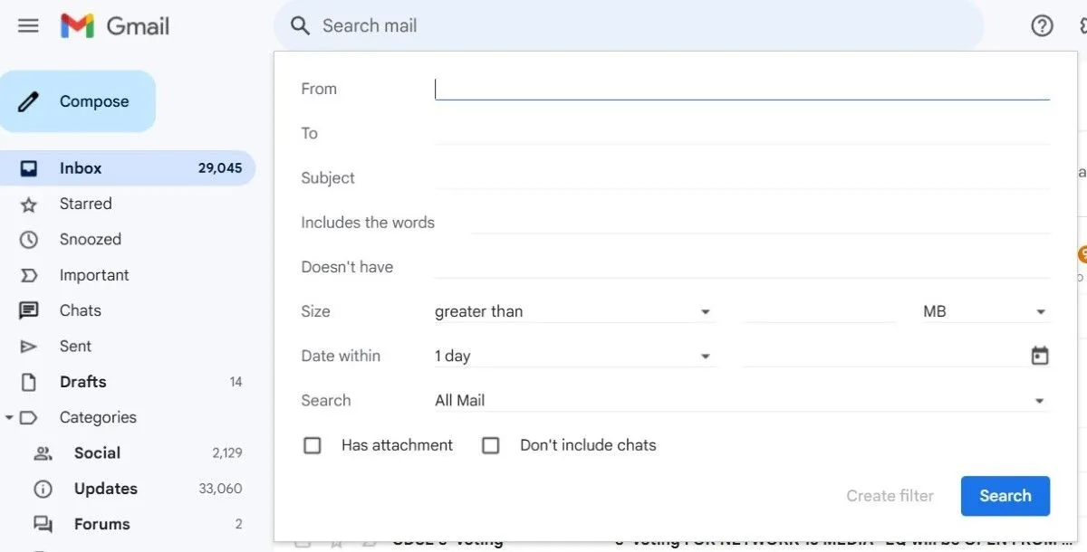 Các tùy chọn và tiêu chí tạo bộ lọc email trong Gmail