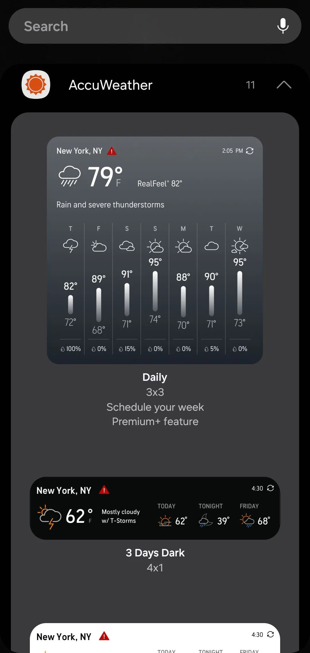 Các tùy chọn widget của AccuWeather bao gồm widget lớn hơn và nhỏ hơn
