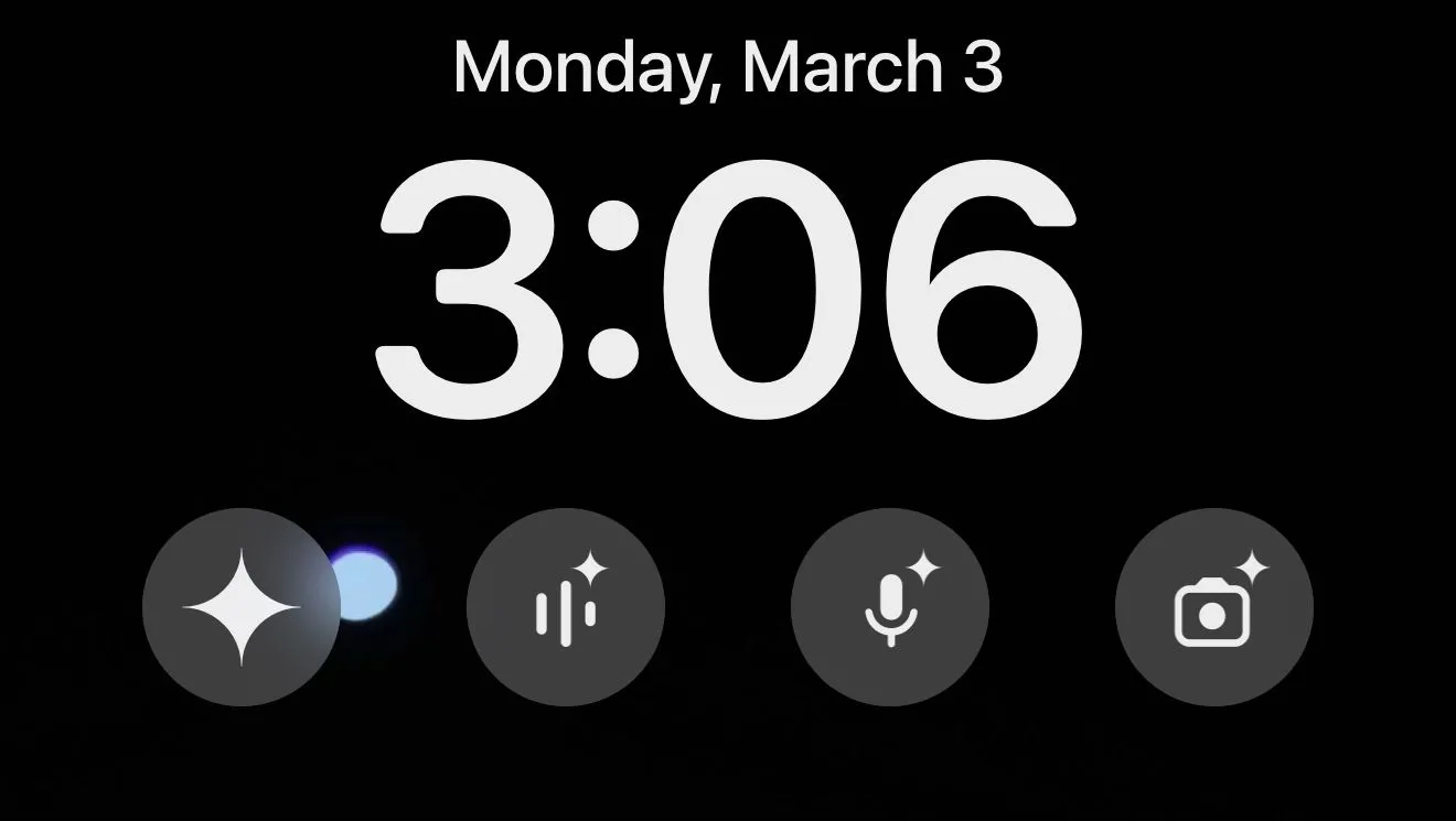Các widget màn hình khóa của ứng dụng Google Gemini trên iPhone, bao gồm các tùy chọn như gõ lệnh, trò chuyện trực tiếp, mở mic, sử dụng camera, chia sẻ ảnh và chia sẻ tệp.