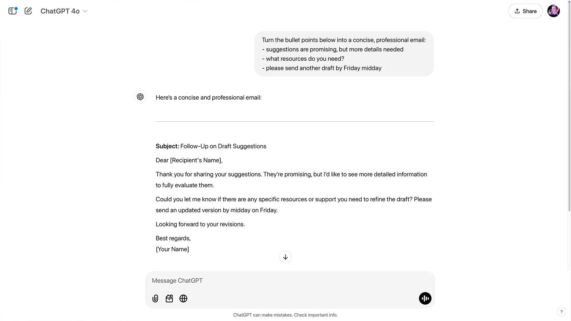 Cách ChatGPT biến các gạch đầu dòng thành một email hoàn chỉnh.