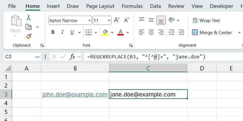 Cách dùng hàm REGEXREPLACE trong Excel để thay thế phần tên người dùng trong email từ &quot;john.doe&quot; thành &quot;jane.doe&quot;.