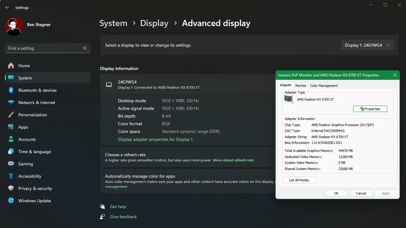 Cách kiểm tra VRAM trên Windows 11 trong cài đặt hiển thị nâng cao