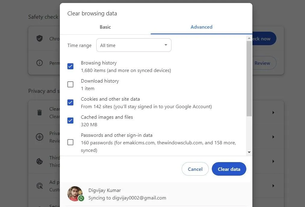 Cách xóa dữ liệu duyệt web trong trình duyệt Google Chrome
