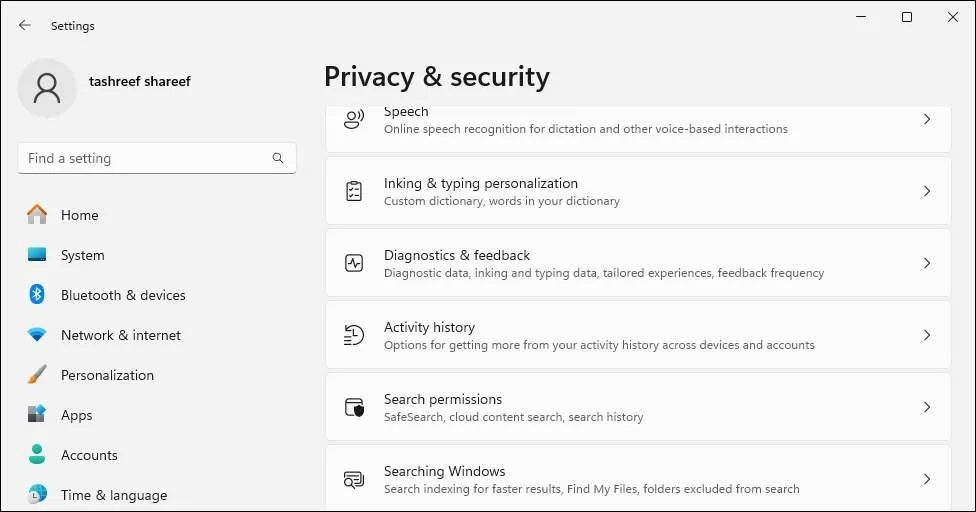 Cài đặt bảo mật và quyền riêng tư, chẩn đoán và phản hồi trên Windows 11