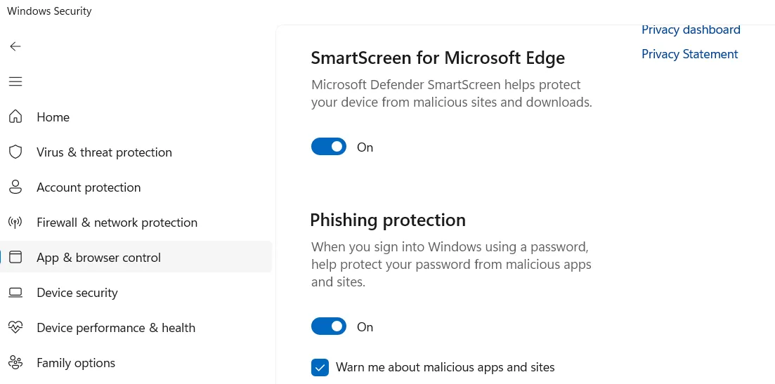 Cài đặt bảo vệ chống lừa đảo (phishing) trong ứng dụng Bảo mật Windows