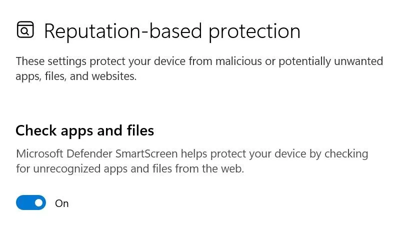 Cài đặt bảo vệ dựa trên danh tiếng của Windows SmartScreen trong ứng dụng Cài đặt