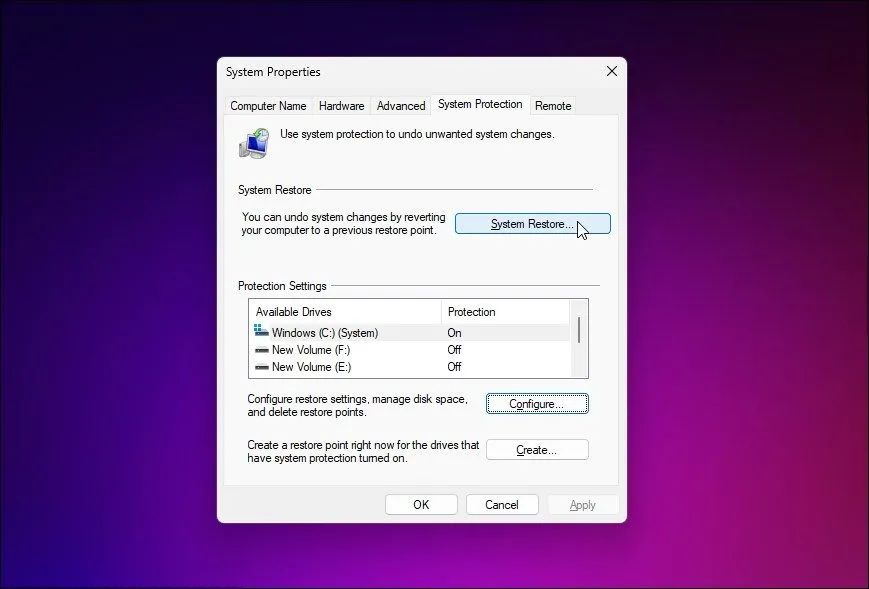 Cài đặt bảo vệ hệ thống của System Restore