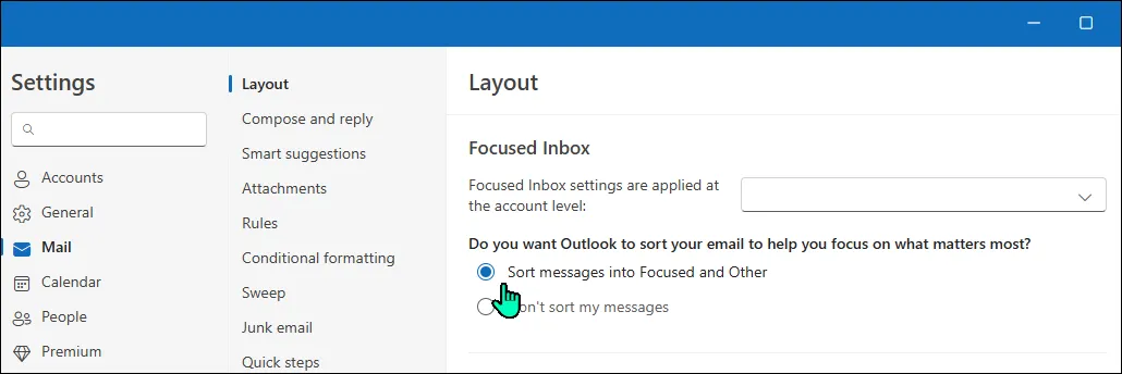Cài đặt bật Hộp thư đến ưu tiên Focused Inbox trong ứng dụng Outlook trên Windows