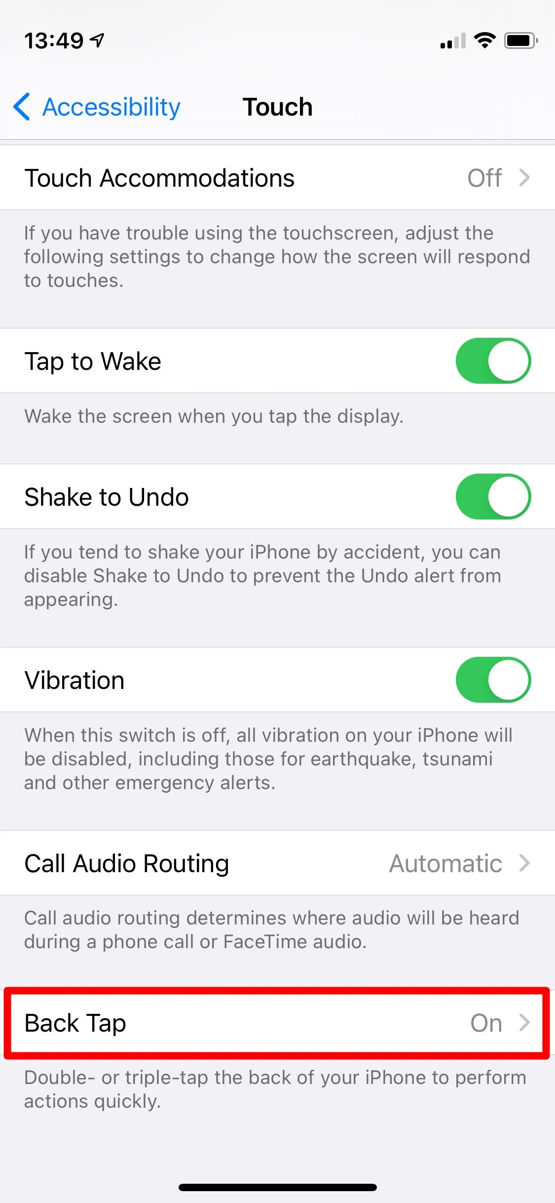 Cài đặt Chạm vào mặt sau (Back Tap) trong menu trợ năng cảm ứng của iPhone