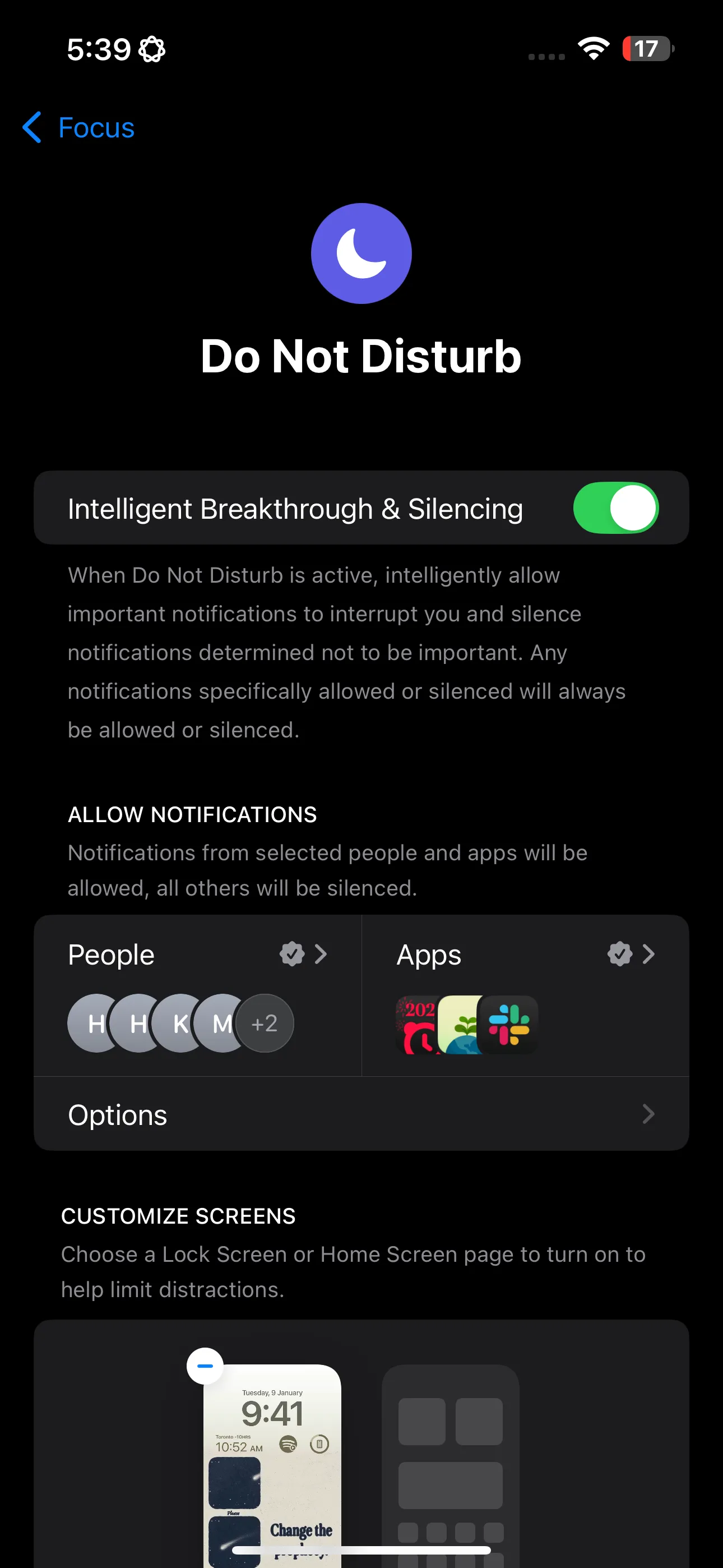 Cài đặt chế độ Không Làm Phiền (Do Not Disturb) trên iPhone, cho phép bật Intelligence Breakthrough &amp; Silencing