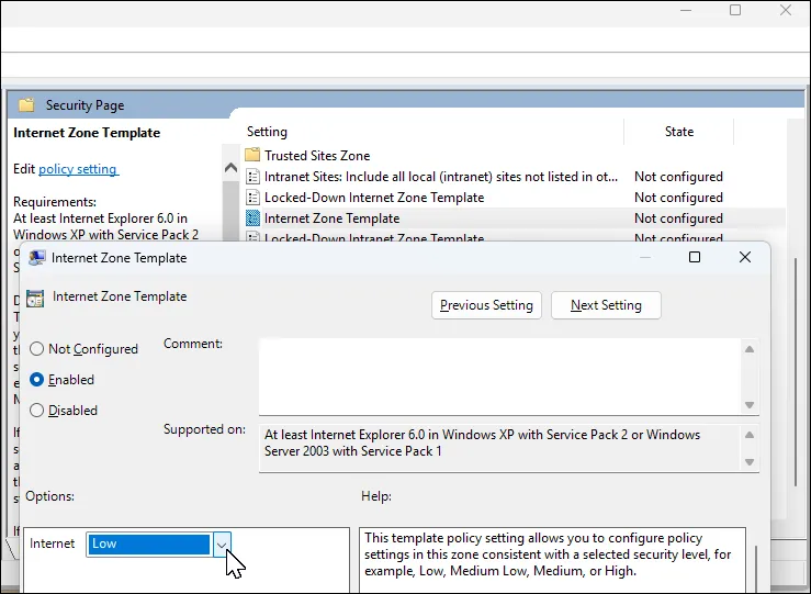 Cài đặt chính sách Mẫu vùng Internet (Internet Zone Template) đang mở trong Trình chỉnh sửa chính sách nhóm (Group Policy Editor) trên Windows.