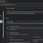 Cài đặt hiệu suất của Google Chrome với tùy chọn tải trước trang web được bật