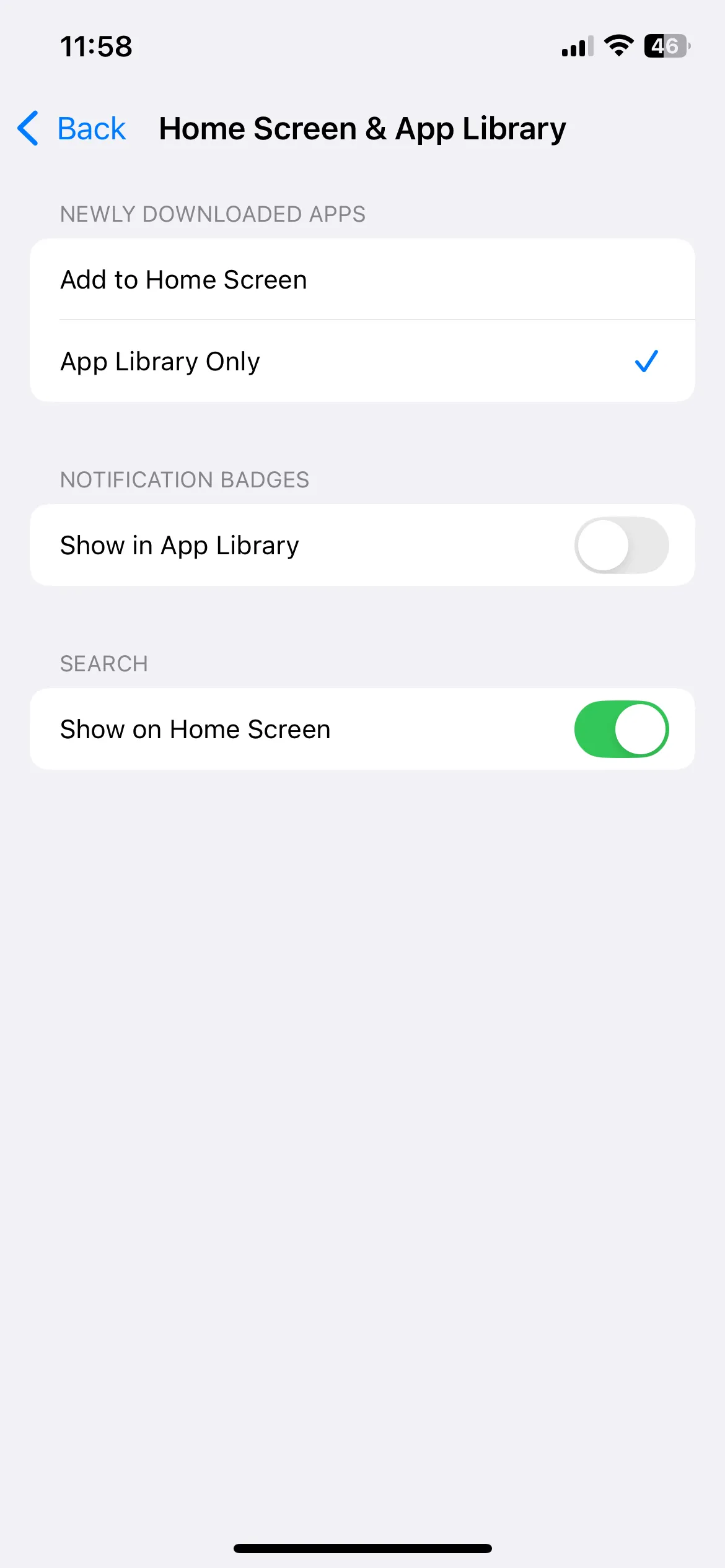 Cài đặt màn hình chính iPhone, với tùy chọn 'Chỉ Thư viện ứng dụng' được chọn cho ứng dụng mới tải về