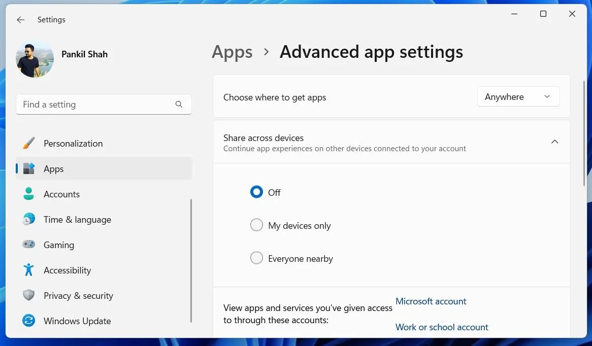 Cài đặt nâng cao ứng dụng trên Windows 11 hiển thị tùy chọn Chia sẻ giữa các thiết bị