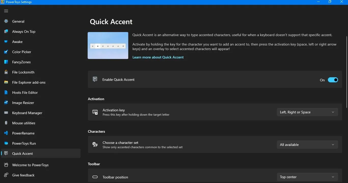 Cài đặt Quick Accent trong PowerToys giúp tùy chỉnh các ngôn ngữ hỗ trợ gõ dấu.