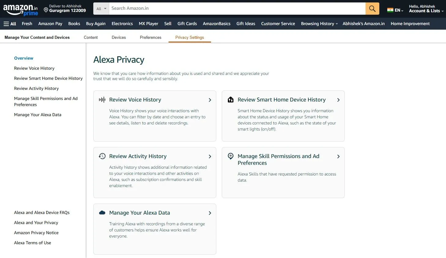 Cài đặt quyền riêng tư Alexa trên Amazon.com