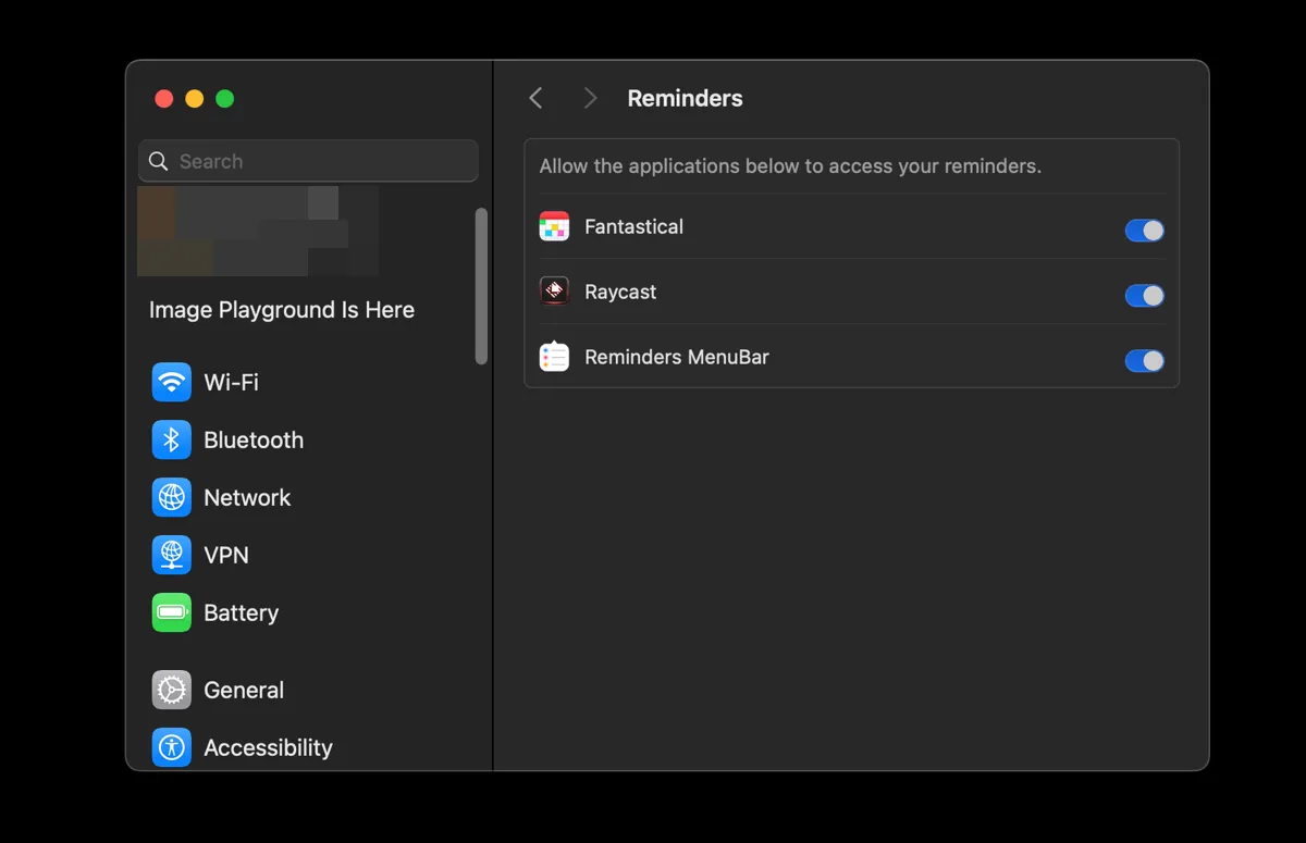 Cài đặt quyền riêng tư và bảo mật trên macOS, hiển thị tùy chọn cấp quyền truy cập Reminders cho ứng dụng Reminders MenuBar