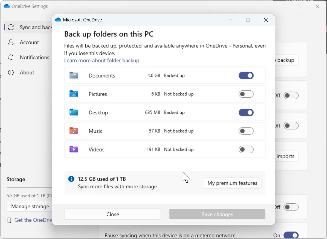 Cài đặt sao lưu thư mục OneDrive, cho phép người dùng tùy chọn những thư mục quan trọng để đồng bộ hóa
