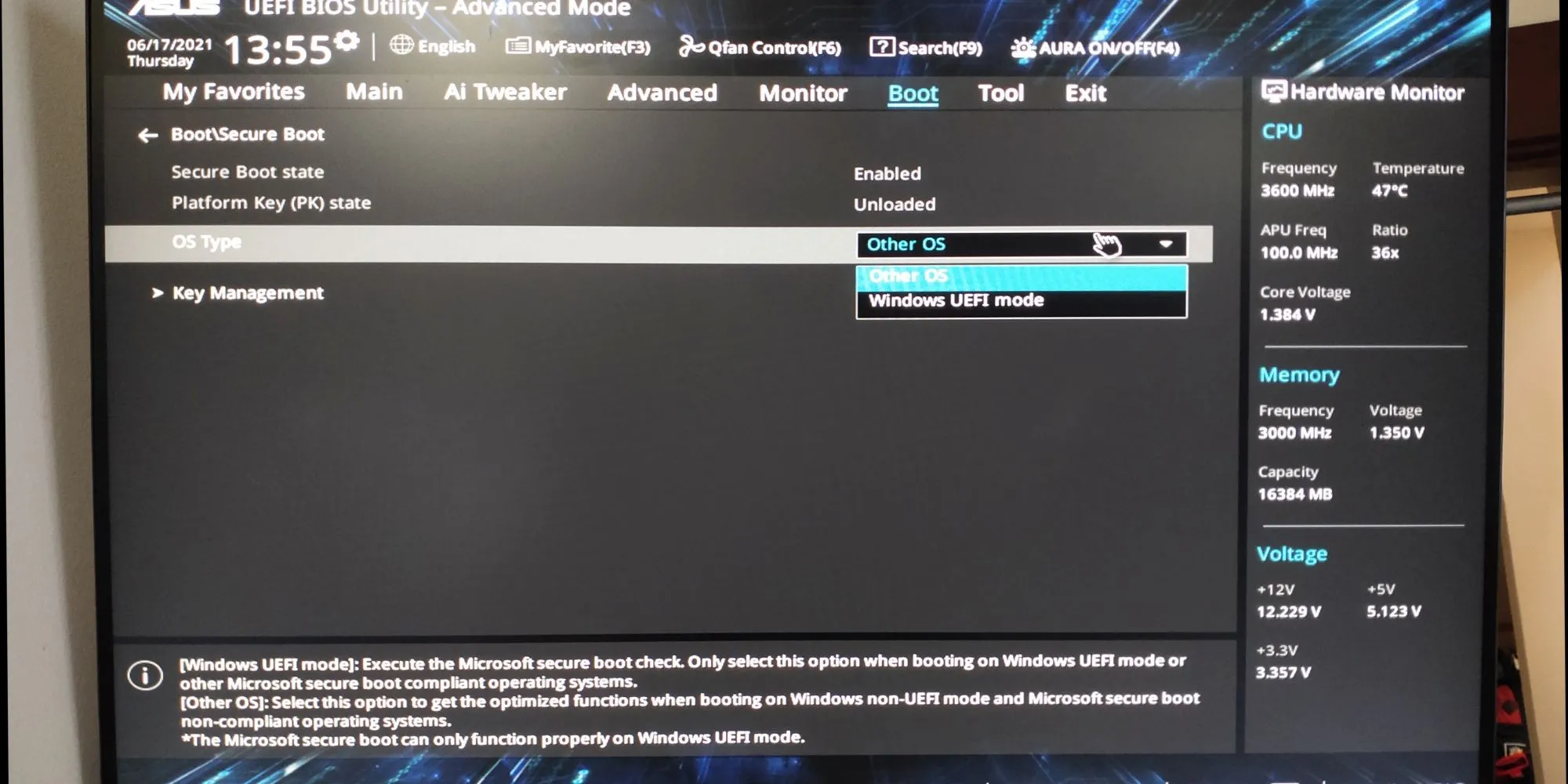 Cài đặt Secure Boot trong giao diện BIOS/UEFI của máy tính ASUS.