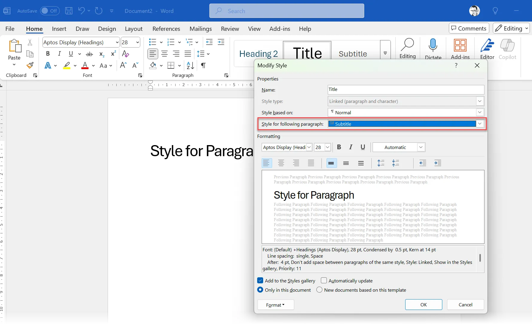 Cài đặt &quot;Style for following paragraph&quot; trong hộp thoại Modify Style của Microsoft Word