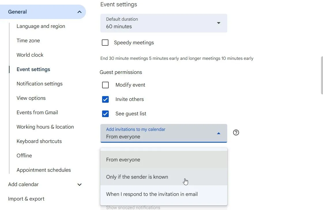 Cài đặt sự kiện trong Google Calendar với tùy chọn 'Chỉ từ người gửi đã biết' được chọn để chặn lời mời lừa đảo.