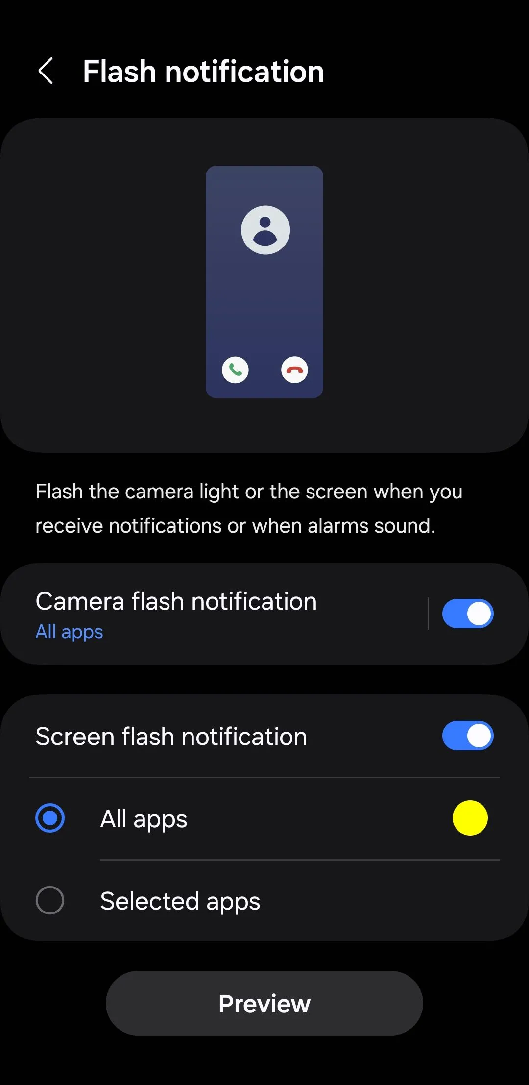 Cài đặt thông báo đèn flash camera trên điện thoại Android.