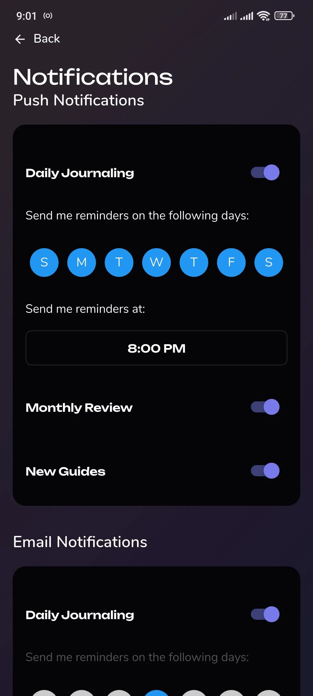Cài đặt thông báo trong Reflection.app, một trong những tiện ích bổ sung khi nâng cấp lên phiên bản Premium