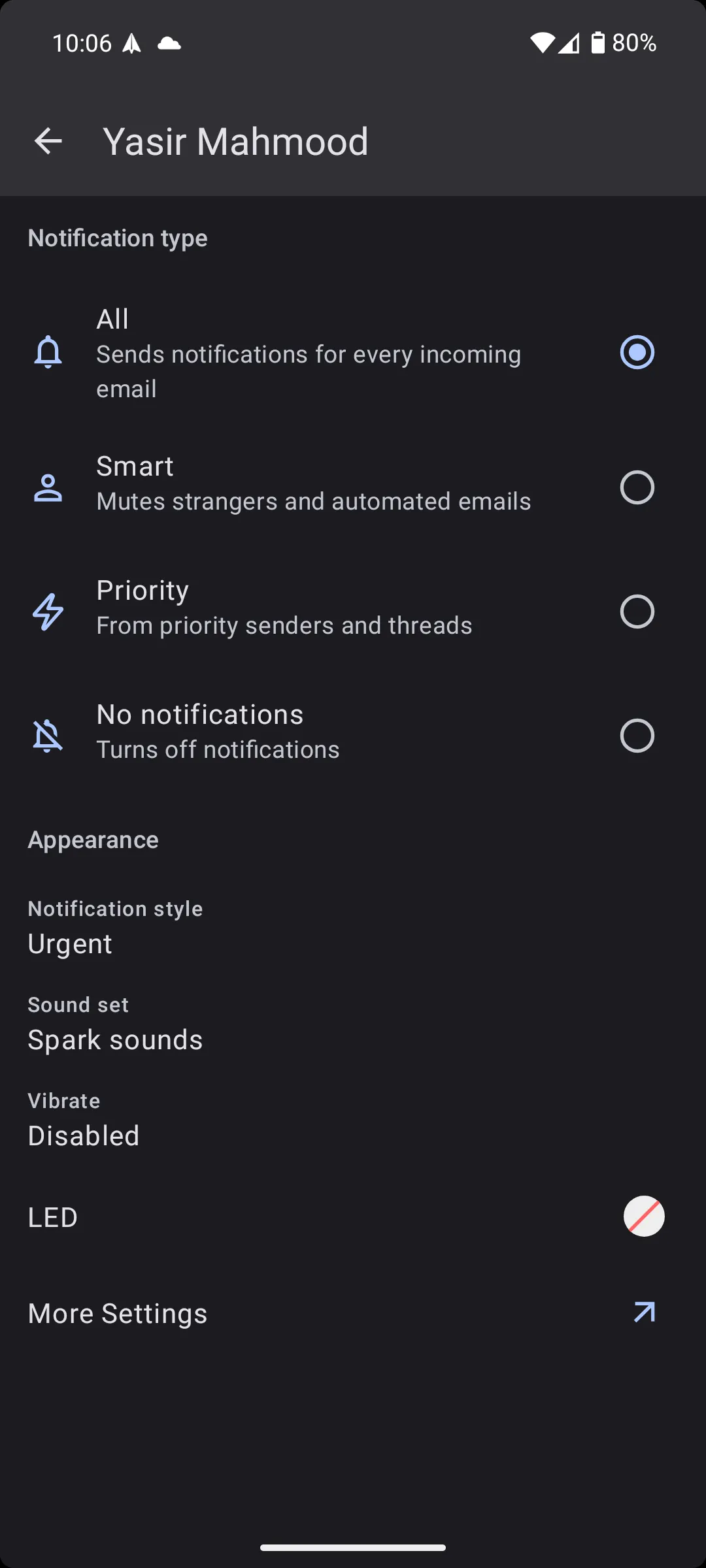 Cài đặt thông báo trong ứng dụng Spark Mail trên Android