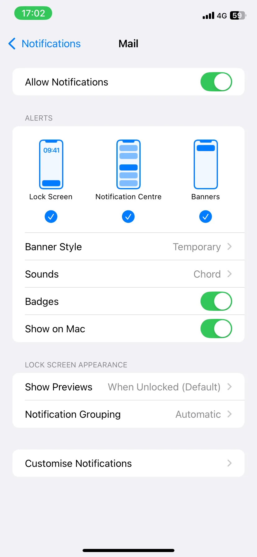 Cài đặt thông báo ứng dụng Mail trên iPhone, bao gồm các loại cảnh báo và âm thanh.