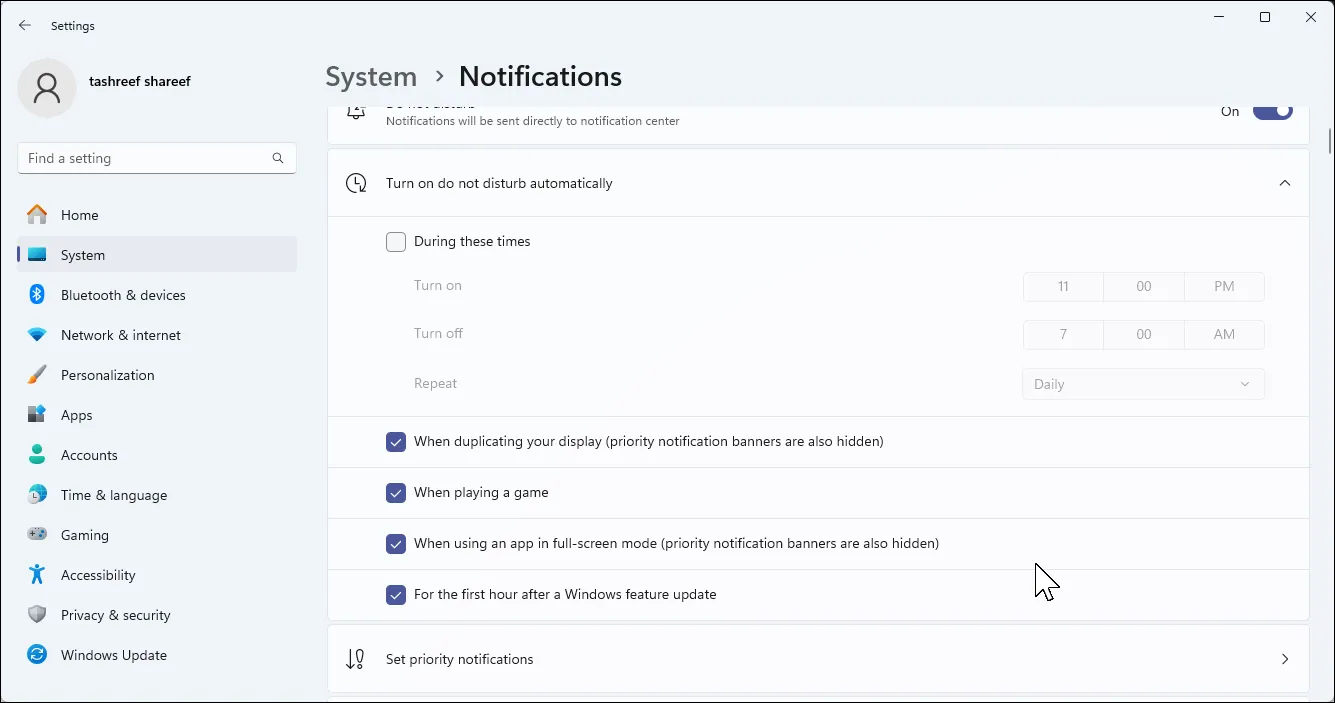 Cài đặt thông báo ưu tiên trong Windows 11