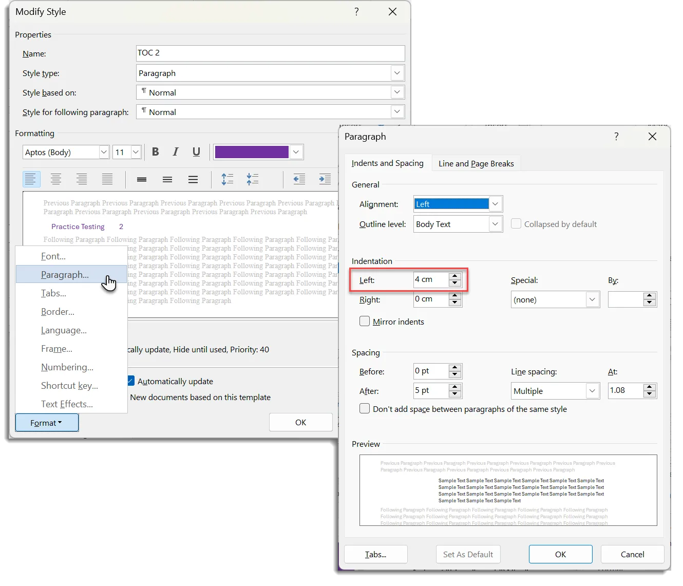 Cài đặt thụt lề cho văn bản mục lục trong Word qua tùy chọn Paragraph trong hộp thoại Format để căn chỉnh vị trí so với hình ảnh.