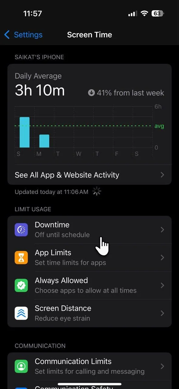 Cài đặt tính năng Thời gian nghỉ (Downtime) trong mục Giới hạn sử dụng trên iPhone Screen Time.