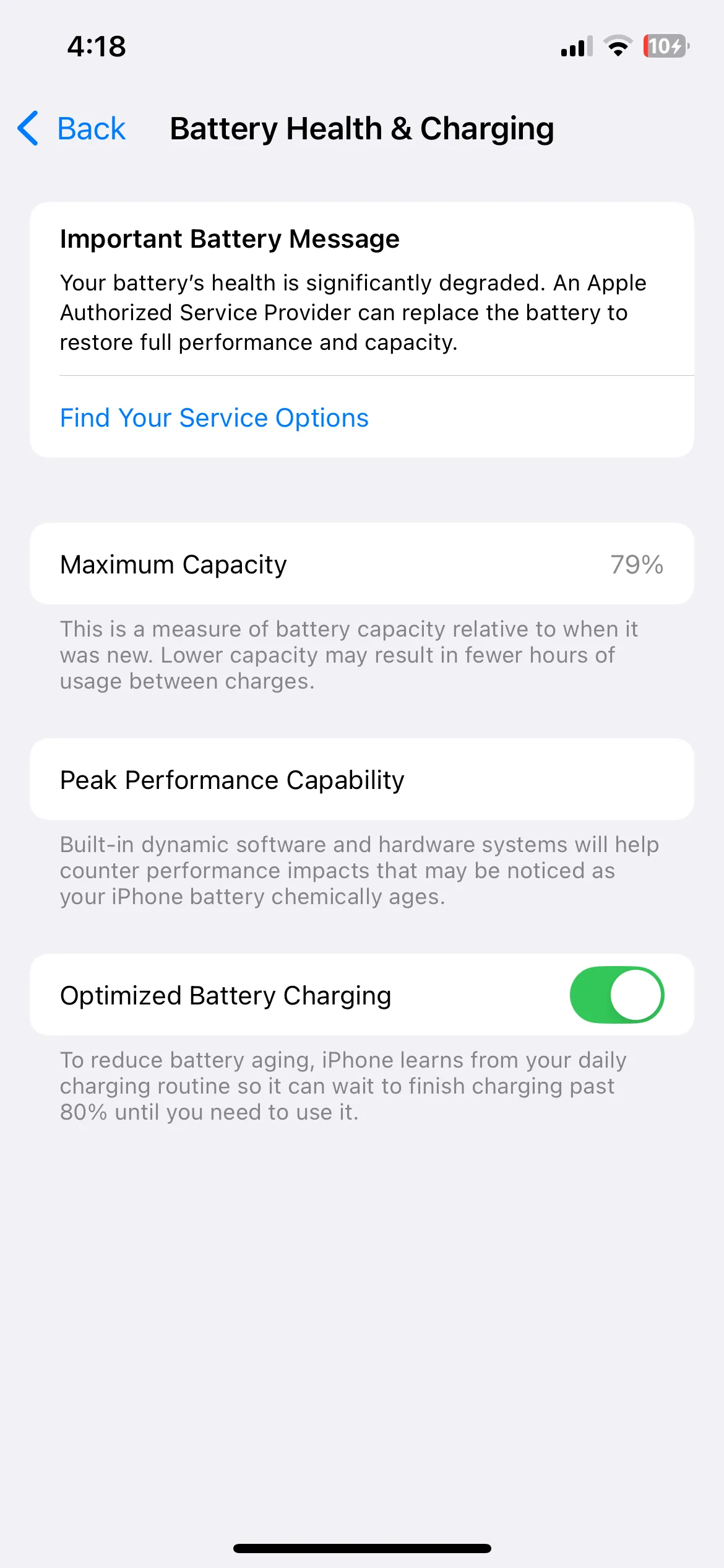 Cài đặt tình trạng pin và sạc trên iPhone, hiển thị tính năng sạc pin được tối ưu hóa