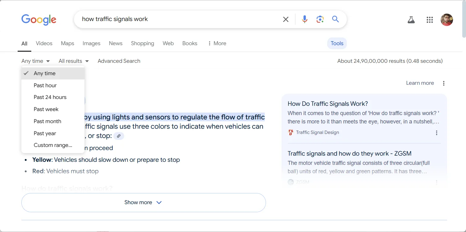 Cài đặt trước khoảng thời gian cho kết quả tìm kiếm của Google
