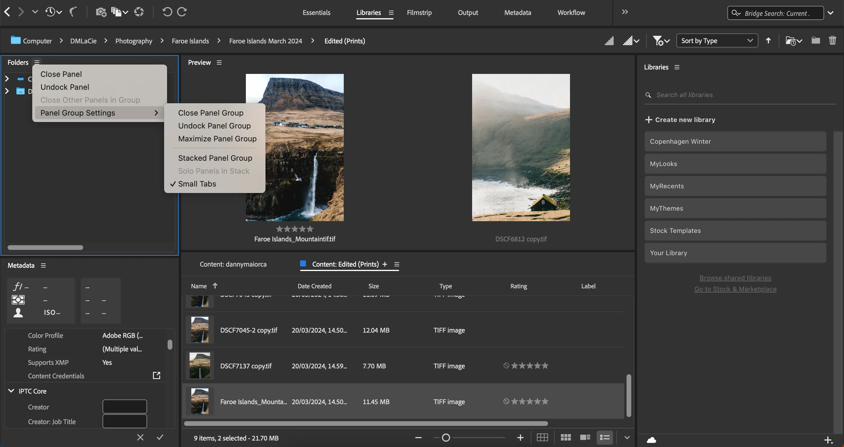 Cài đặt tùy chỉnh các bảng điều khiển trong Adobe Bridge