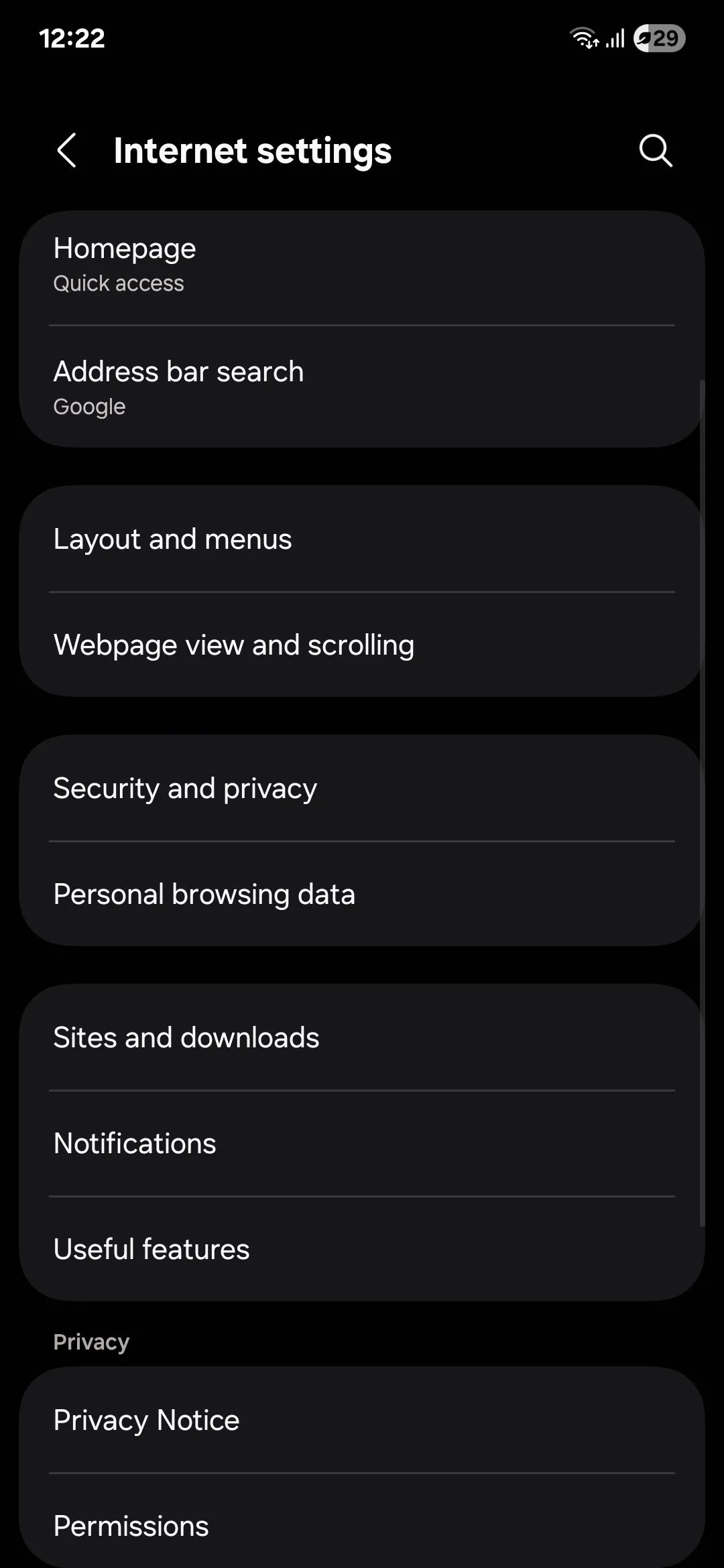 Cài đặt tùy chỉnh của trình duyệt Samsung Internet