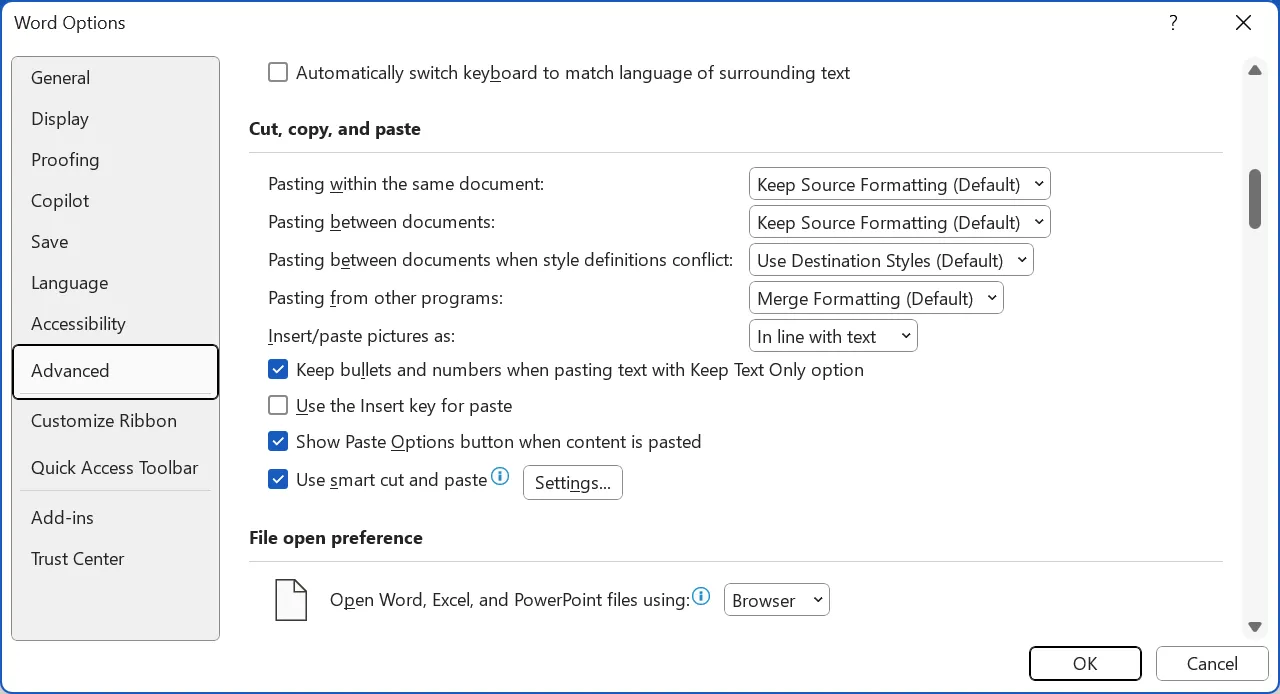 Cài đặt tùy chọn dán mặc định trong mục Advanced của Word Options