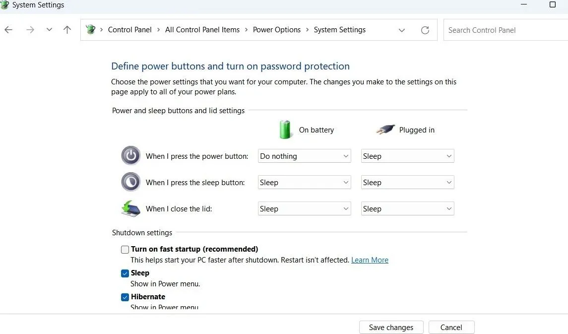 Cài đặt tùy chọn tắt Khởi động Nhanh (Fast Startup) trong Control Panel của Windows