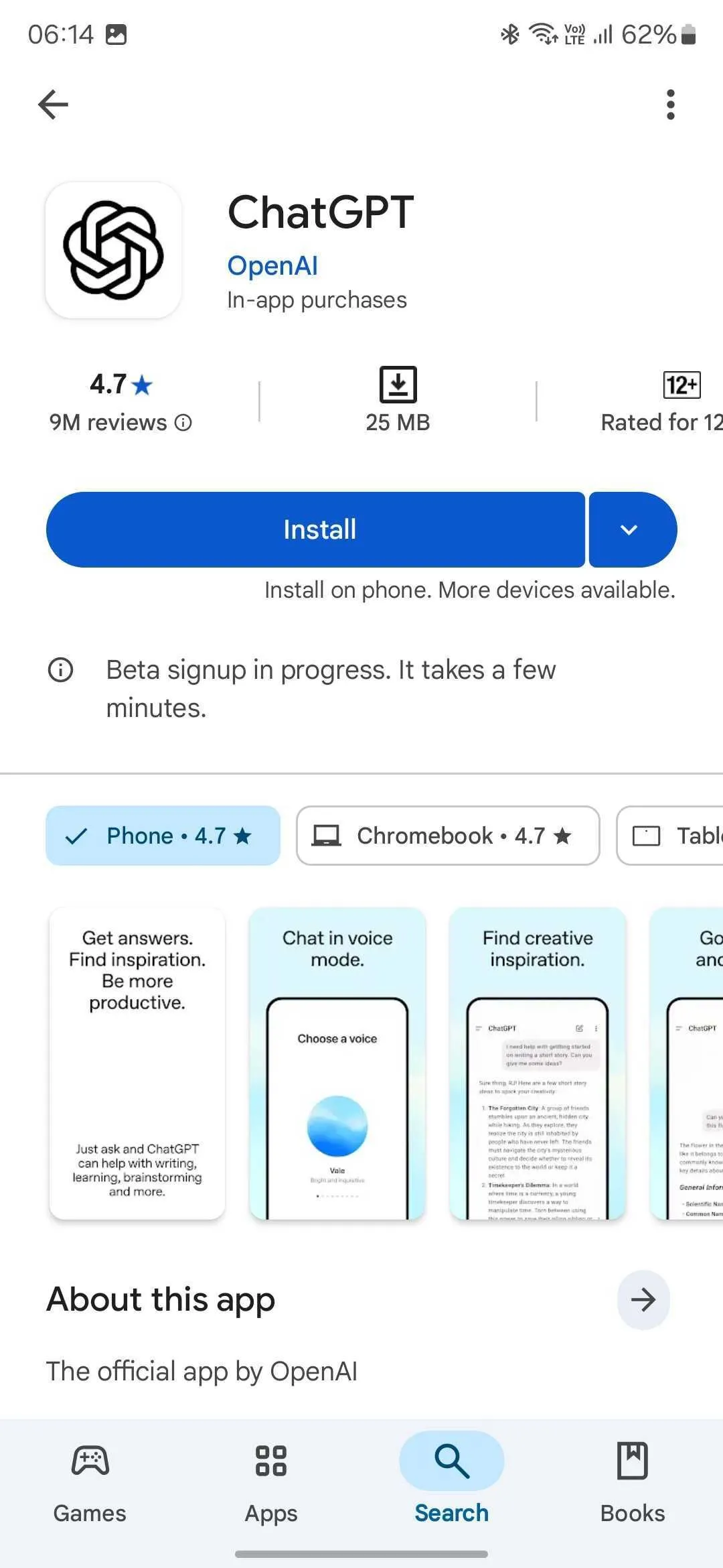Cài đặt ứng dụng ChatGPT beta trên điện thoại Android