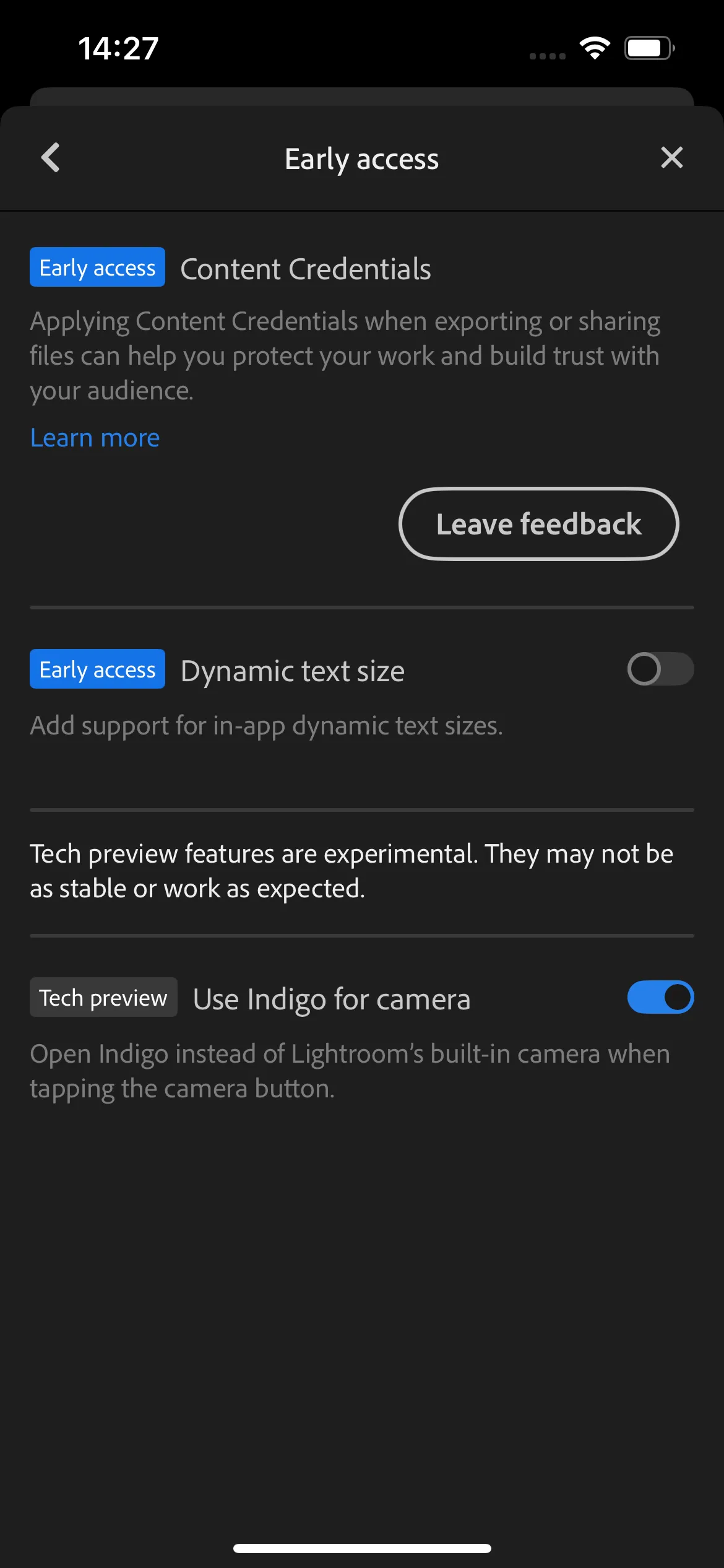 Cài đặt ứng dụng Lightroom Mobile hiển thị tùy chọn Early Access để tích hợp Project Indigo