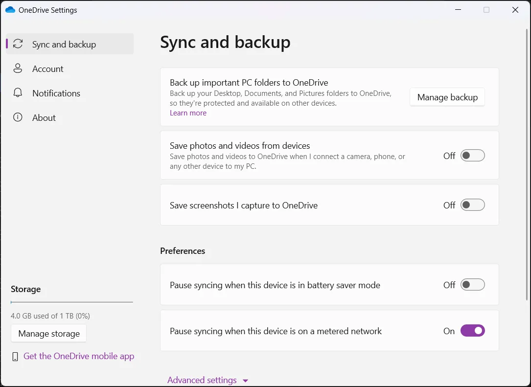 Cài đặt ứng dụng OneDrive trên Windows 11, minh họa các tùy chọn đồng bộ hóa và lưu trữ đám mây.
