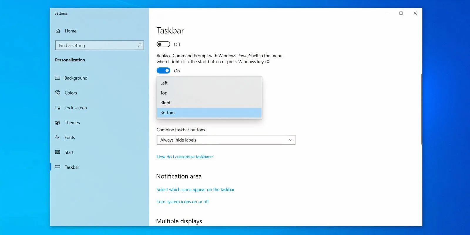 Cài đặt vị trí Taskbar trong ứng dụng Cài đặt Windows 10, hiển thị tùy chọn vị trí thanh tác vụ.