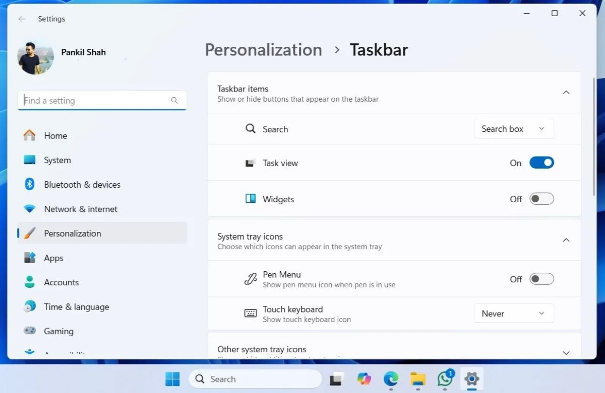 Cài đặt Windows 11 hiển thị các tùy chọn hạn chế của thanh Taskbar