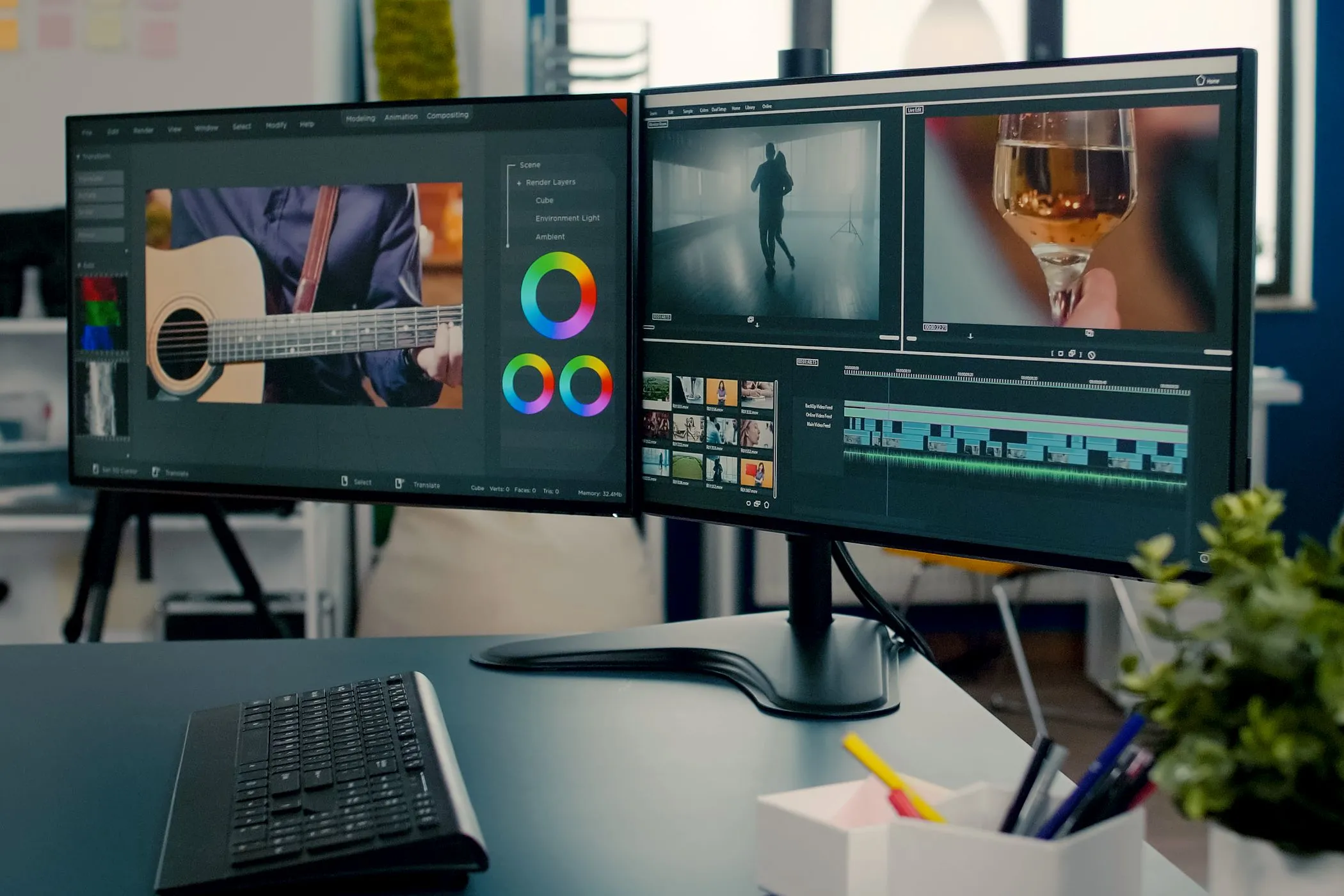 Cận cảnh thiết lập hai màn hình đang hiển thị phần mềm chỉnh sửa video, minh họa khả năng mở rộng màn hình qua USB
