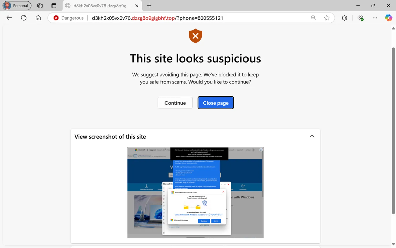 Cảnh báo phát hiện scareware từ Microsoft Edge với tùy chọn đóng trang hoặc tiếp tục