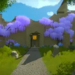 Cảnh mở đầu game The Witness trên PS4, hiển thị một hòn đảo bí ẩn với nhiều câu đố đường thẳng